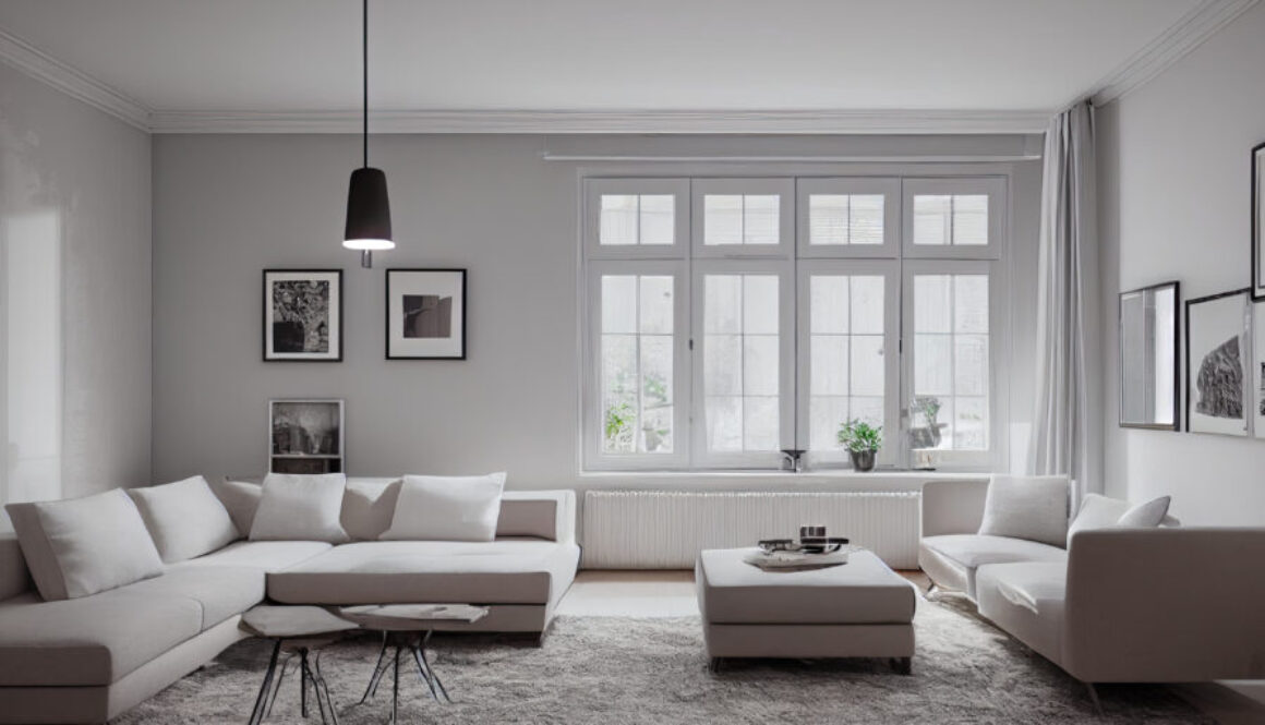 Stylish scandinavian living room with design mint sofa, furnitures, mock up poster map, plants and elegant personal accessories. Modern home decor. Bright and sunny room. Generative AI illustration.