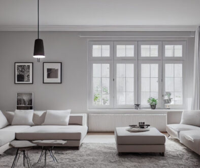 Stylish scandinavian living room with design mint sofa, furnitures, mock up poster map, plants and elegant personal accessories. Modern home decor. Bright and sunny room. Generative AI illustration.